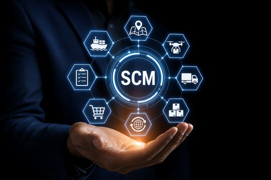 Business person holding holographic scm supply chain management concept