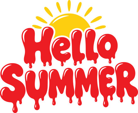 Hello summer melting drip text with sun colorful illustration vector isolated on transparency.