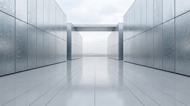 Symmetrical architectural corridor with reflective surfaces and clear sky minimalist modern design and perspective background.
