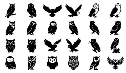Fototapeta premium Cute Owl Silhouette Icon Set with Flying Sitting Perched Minimal Bird Logo Collection Bundle Designs