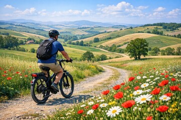 Fototapeta premium A man rides a bike down a dirt road, surrounded by nature