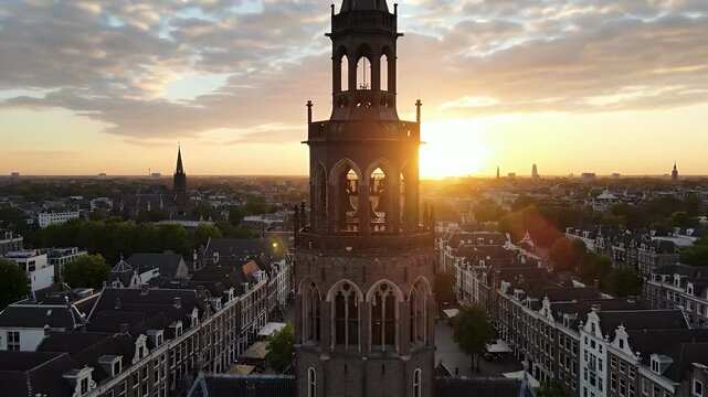 Sunrise over a European city with a bell tower in the foreground.