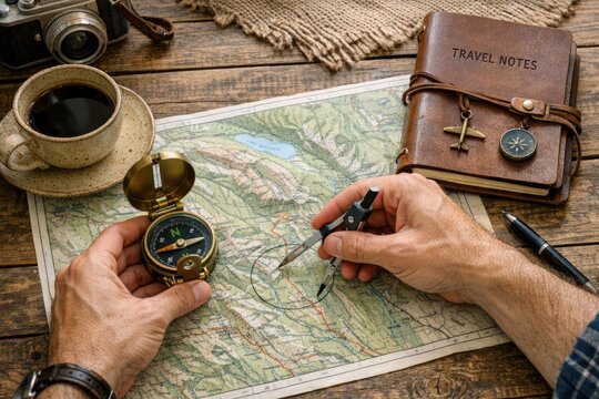 A person holds a compass and pen on a map, ready to plan their journey