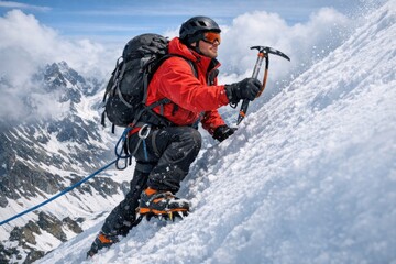 Obraz premium A person ascending a snowy peak with determination and focus