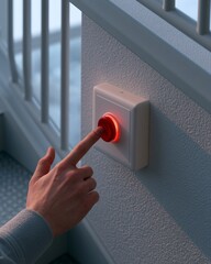 Naklejka premium Hand Pressing Emergency Light Test Button on Wall Unit in Stairwell