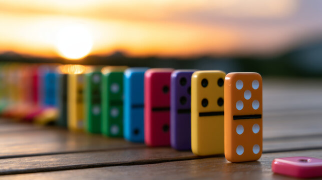 Surreal colorful domino pieces create silly business scene on wooden table at sunset with playful mood and vibrant hues in outdoor setting