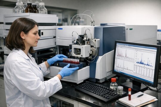 Woman in a lab coat tinkering with machinery