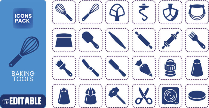 Baking Tools and Kitchen Utensils Icon Set in Flat Line Art Style