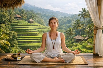 Fototapeta premium A woman sits in a yoga pose on a mat, focused and relaxed