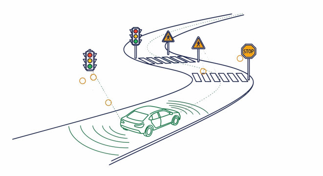 Autonomous car navigating a smart road with traffic signals and sensors.