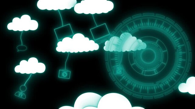 Glowing cloud icons and tech symbols circular futuristic interface element animation