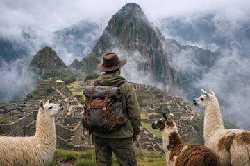 Fototapeta premium A person standing next to a group of llamas, great for farm or zoo-related use