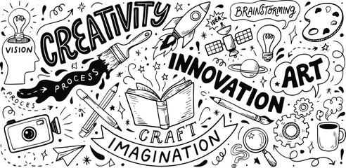 A diverse collection of handdrawn doodle elements symbolizing creativity innovation inspiration and art with various tools and concepts visually represented © Kumot Roy