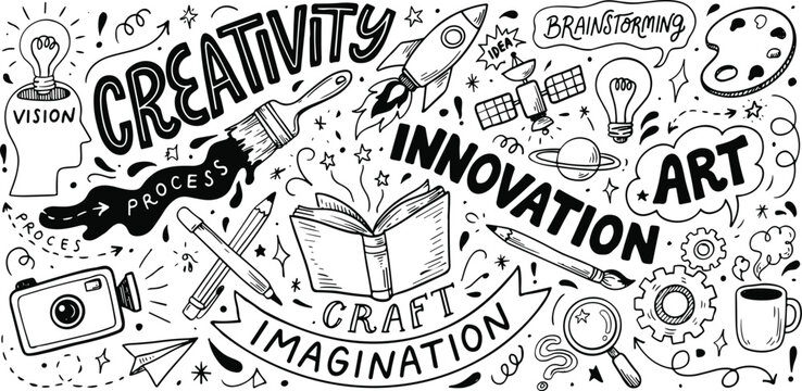 A diverse collection of handdrawn doodle elements symbolizing creativity innovation inspiration and art with various tools and concepts visually represented