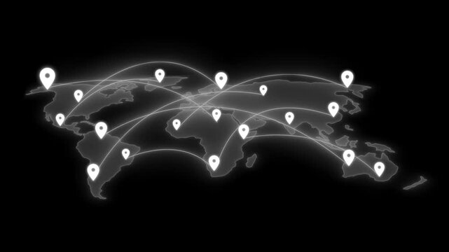 Glowing neon-style world map location pins connected by arced lines showing global network connectivity animation