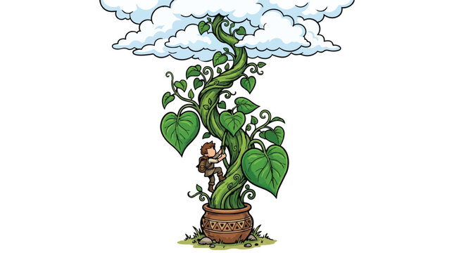 Giant Beanstalk Growing Upwards Towards Fluffy White Clouds in Bright Sky Illustration, Generative AI