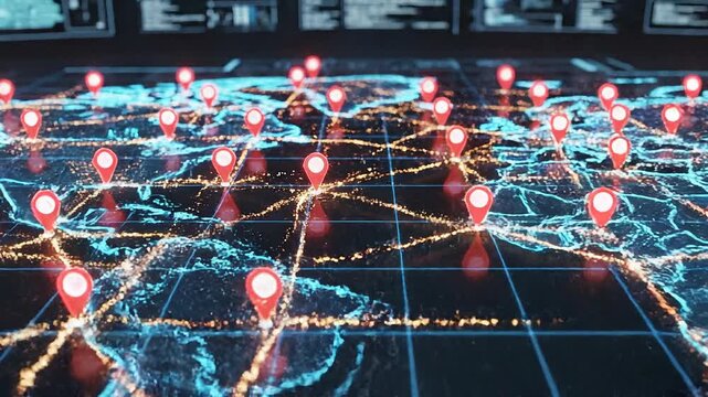 Animated digital map with interconnected location pins concept. Digital map with red location pins connected by glowing network lines representing global connectivity and navigation