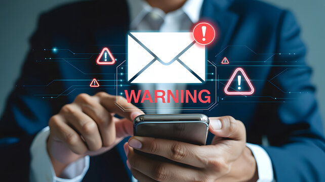 Businessman using mobile phone receiving email warning alert notification of cyber security threat and phishing scam
