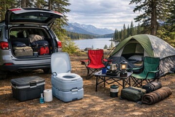 A car parked near a camping area with a toilet, suitable for outdoor adventure or travel images