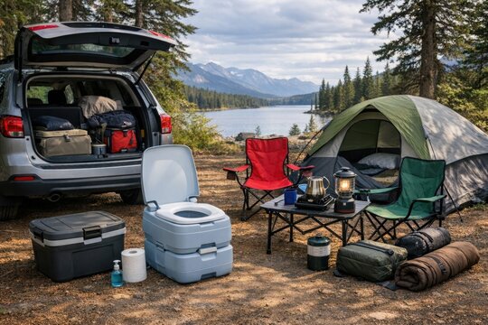 A car parked near a camping area with a toilet, suitable for outdoor adventure or travel images