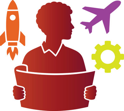 Person holding a book with rocket airplane and gear icons around them