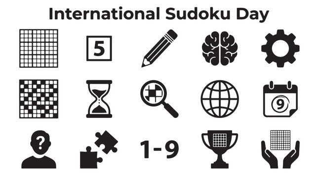 International Sudoku Day icons, puzzle and brain game symbols, black vector graphics set
