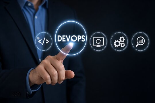 Businessman touching devops concept with code and gear icons on dark background