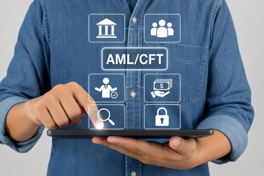 Businessman using tablet with anti money laundering and counter terrorism financing icons