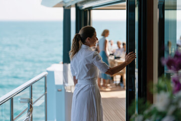 Fototapeta premium An attentive woman dressed elegantly opens a door on a luxury yacht, creating an inviting atmosphere that embodies sophistication and warmth amid an upscale gathering on the water