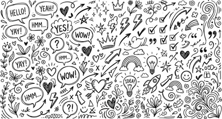 Fototapeta premium Doodle art doodles set with speech bubbles hearts stars and arrows on white background for creative projects and presentations
