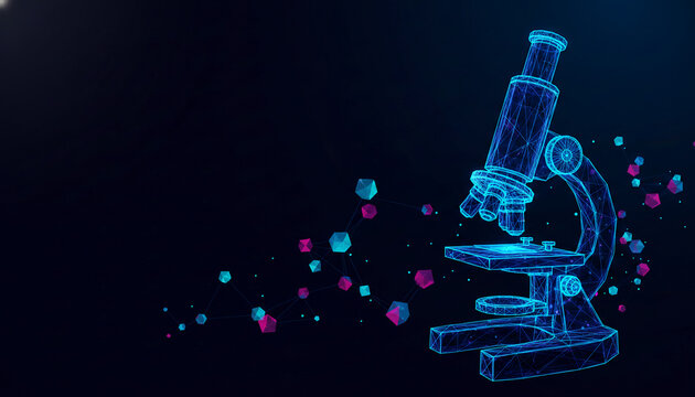 Wireframe microscope with glowing particles, symbolizing scientific research and discovery, perfect for technology and innovation concepts