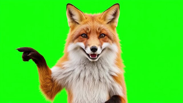 Realistic fox pointing left explaining, 3D presentation concept isolated on chroma key green screen background