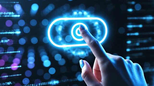 Finger pressing neon capsule button on abstract futuristic data background.