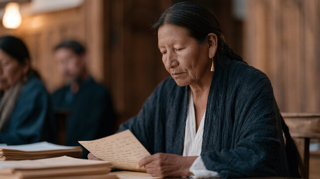 Peruvian homeowner in her sixties sits before a property tax appeal board of three reviewers, reading from handwritten notes, stacked comparable sale documents on the table, the