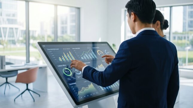 Modern business team analyzing financial data charts on interactive touchscreen display in office, corporate strategy meeting concept