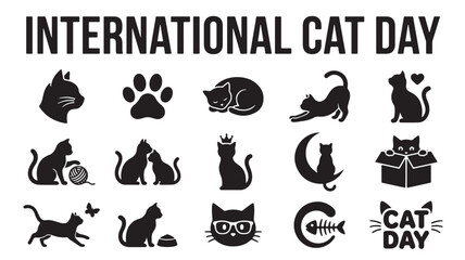 Obraz premium International Cat Day icon set, black feline silhouettes and kitten symbols, 15 vector elements for pet lovers and animal welfare branding