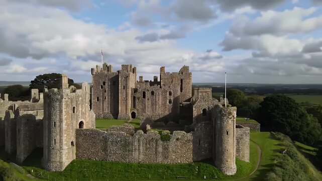 Majestic ancient stone castle perched on a grassy hill under a dramatic sky.