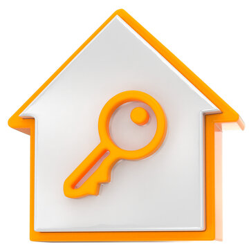 3D house icon with orange key
