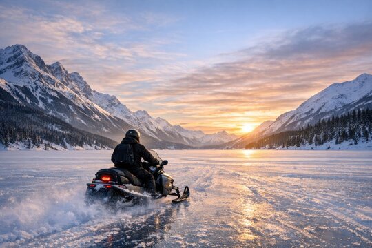 A person rides a snowmobile across a frozen lake, enjoying the winter scenery