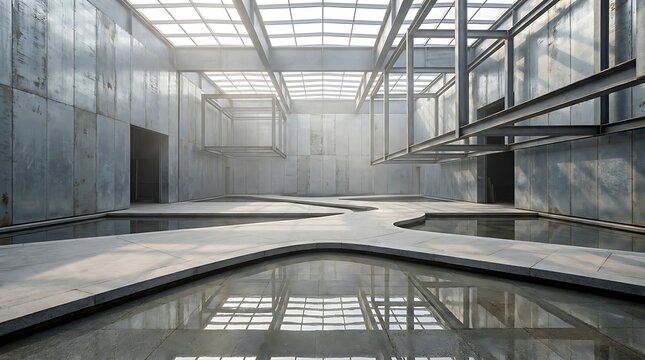 Contemporary architectural hall with water pools and metal wall panels featuring hanging structural frames under bright skylight roof in minimalist space.