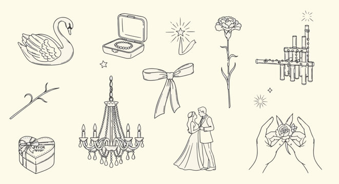 Collection of prom night line art icons featuring a dancing couple, ornate chandelier, swan, carnation, ribbon bow, jewelry box, heart-shaped gift, and bamboo pan flute set.