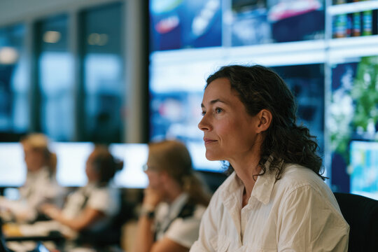 A woman sits amidst the high-tech environment of a maritime control room, embodying the dedication and precision required to manage oceanic activities effectively.