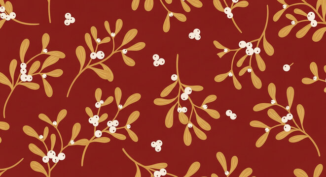 A seamless pattern of golden mistletoe branches with white berries on a rich red background, symbolizing winter, holidays, and festive romance