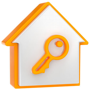 3D house icon with orange key