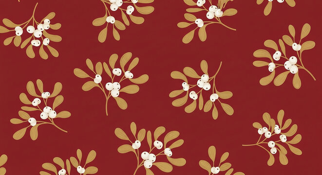 Mistletoe sprigs with white berries and golden leaves on a deep red background, symbolizing winter holidays and romance, ideal for festive designs