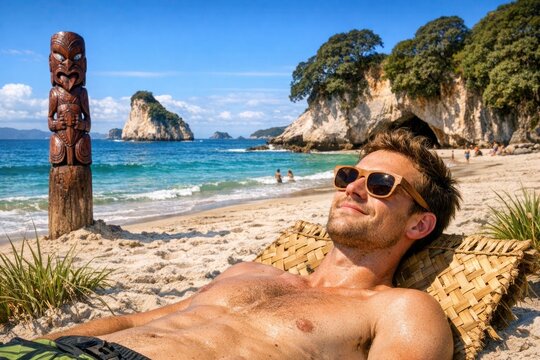 A person enjoying their time off, lying in a hammock on a sunny beach