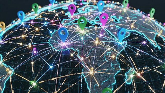 Global digital network connections with colorful location markers on a detailed world map globe