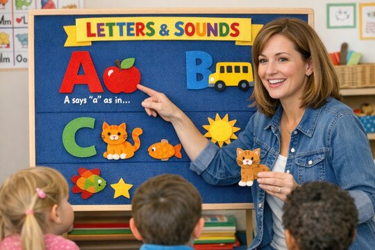 Image shows a woman instructing kids on letter formation and phonics