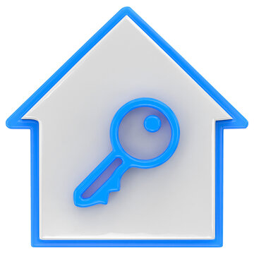 3D house icon with blue key