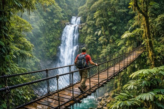 A person standing on a suspension bridge with a stunning waterfall in the background, great for outdoor adventure or travel themes